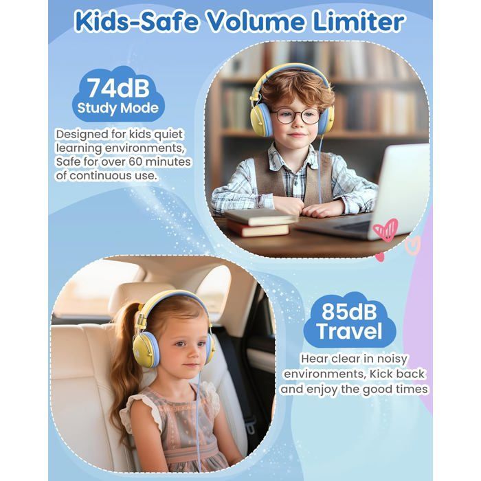 Auriculares infantiles - ZVVN - Modelo plegable - Límite de volumen 74/85 dB - Sonido estéreo HD - Amarillo y azul