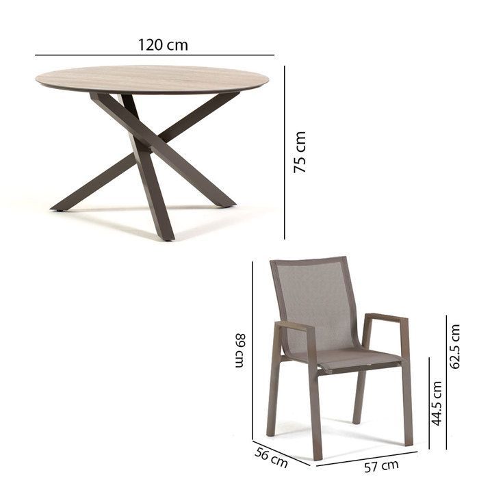 Conjunto de jardín TEO & DINA con mesa redonda de Ø120 cm con efecto madera en SPC y 4 sillas apilables en textilene, estructura de aluminio.