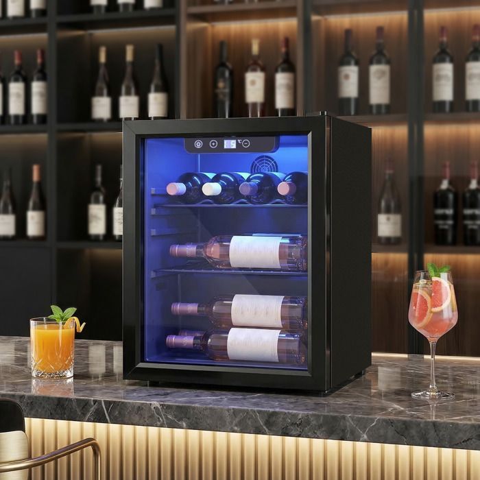 Wine cellar - HOMCOM - 16 bottles - adjustable temperature 4-16 °C, reversible door - steel and tempered glass - 43x41.5x57.5cm - black