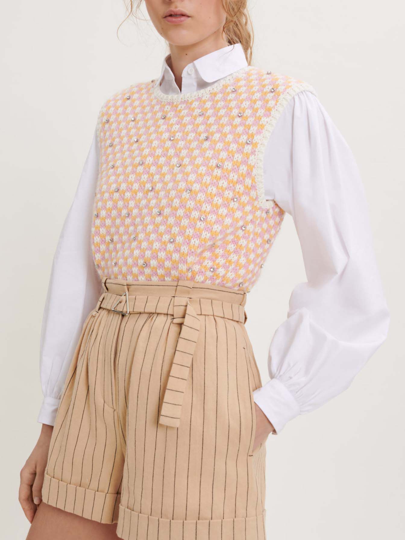 Gestreepte shorts met riem - Beige