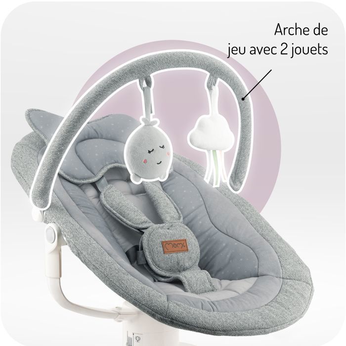 MoMi PEARL - Altalena elettrica per neonati a 360° - 5 velocità, 10 melodie, Bluetooth - Schienale regolabile - Barra giochi - Grigio