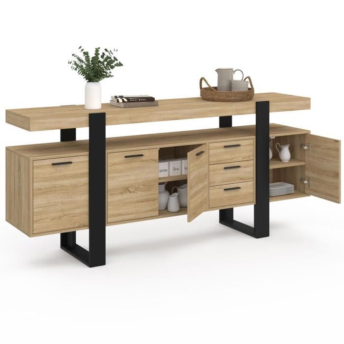 IDMARKET 180 cm PHOENIX XXL dressoir met 4 deuren en 3 lades, hout en zwart