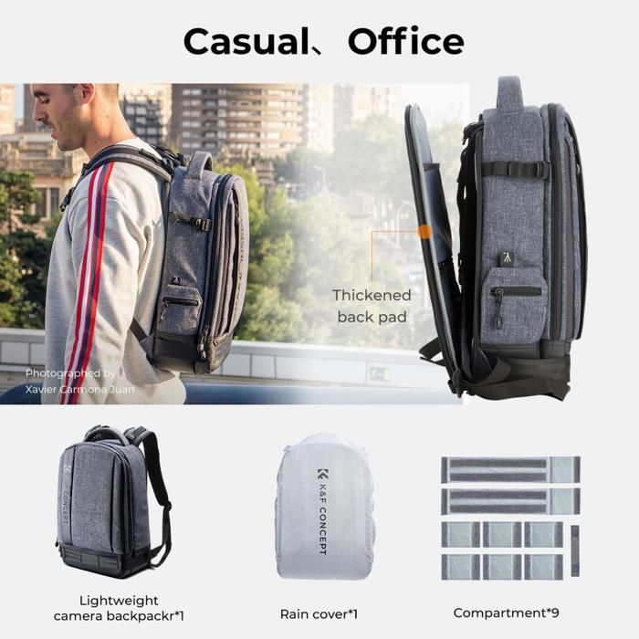 K&F Concept Camera Backpack for DSLR, Laptop, and Tripod Accessories - Black for Canon, Nikon, Sony, and Olympus - Gray