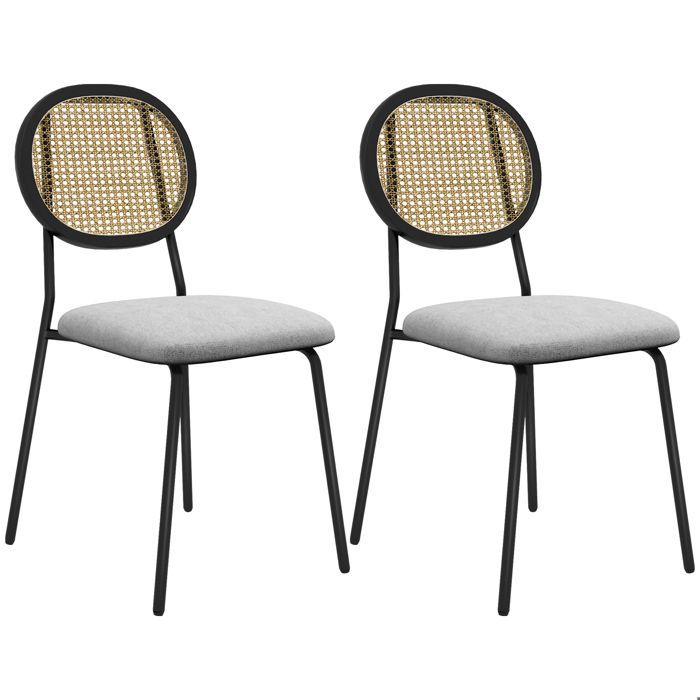 Juego de 2 sillas de comedor - HOMCOM - estilo bohemio - respaldo de ratán, tejido transpirable efecto lino - estructura de acero - gris