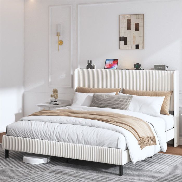 Lit 180x200 avec sommier LED et USB, lit capitonné velours beige avec rangement tete de lit, 2 personnes king size avec pieds,