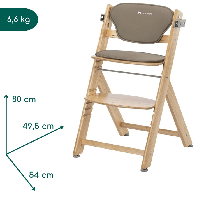 Bebeconfort Timba2 + Cushion, Baby High Chair, 6 Months - 99 Years, Up to 110 kg, Adjustable Seat/Footrest, Natural Wood + Beige