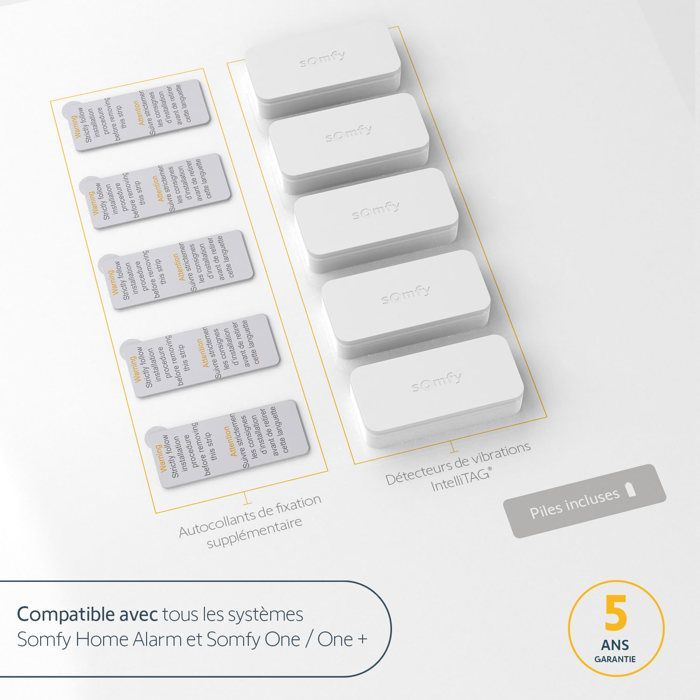 SOMFY 2401488 - Paquete de 5 detectores de vibración autoprotegidos IntelliTAG para uso en interiores o exteriores - Detección frontal