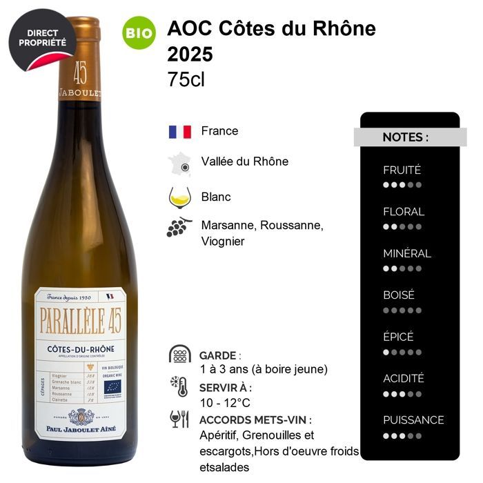 Paul Jaboulet Ainé Côtes du Rhône Parallèle 45 2025 - Vinho Branco do Vale do Ródano (6 x 75cl) Orgânico