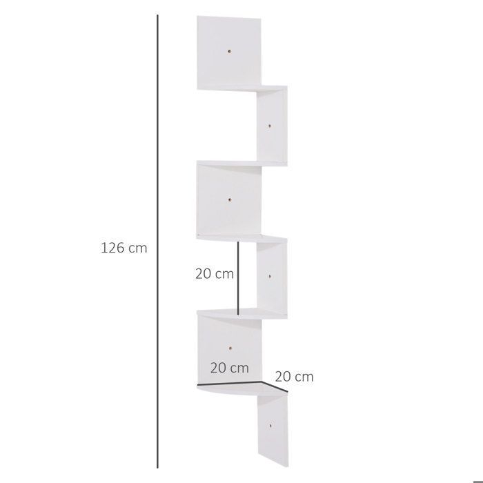 Étagère d'angle murale - HOMCOM - rangement forme zigzag 5 niveaux gain de place - bois - 20x20x126cm - blanc
