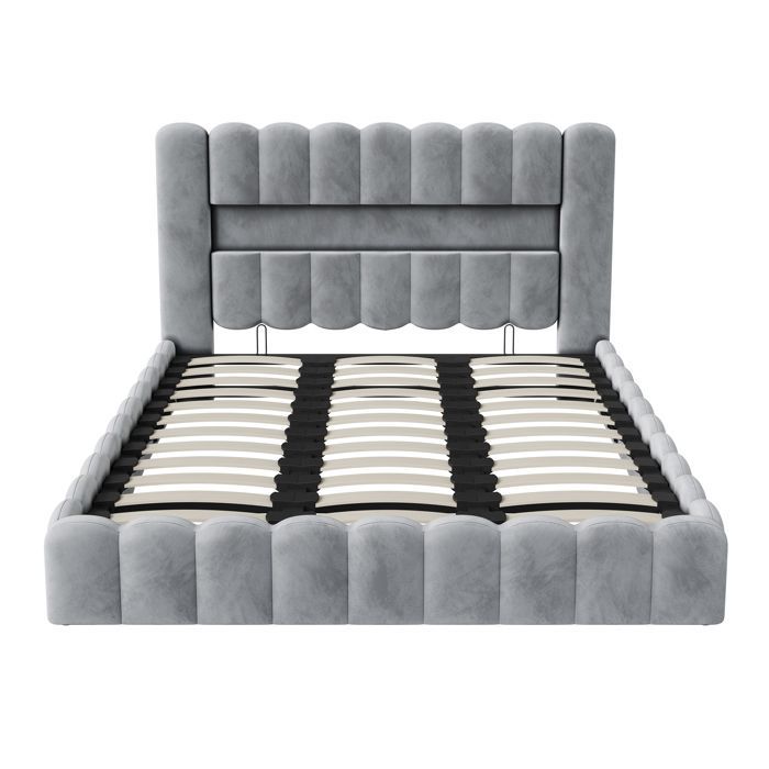 Lit double 180x200 cm - SUNFECILI - Gris - Avec bande lumineuse LED - Chargement USB - Tête de lit incluse