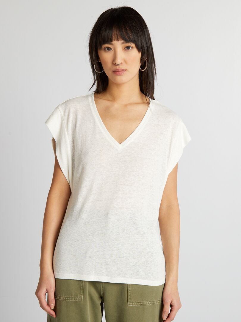 Camiseta de lino con mangas murciélago - BLANCA