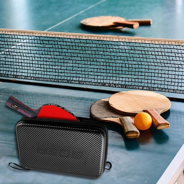 Borsa da ping-pong rigida in EVA effetto carbonio Cuneary, con 2 racchette e palline.