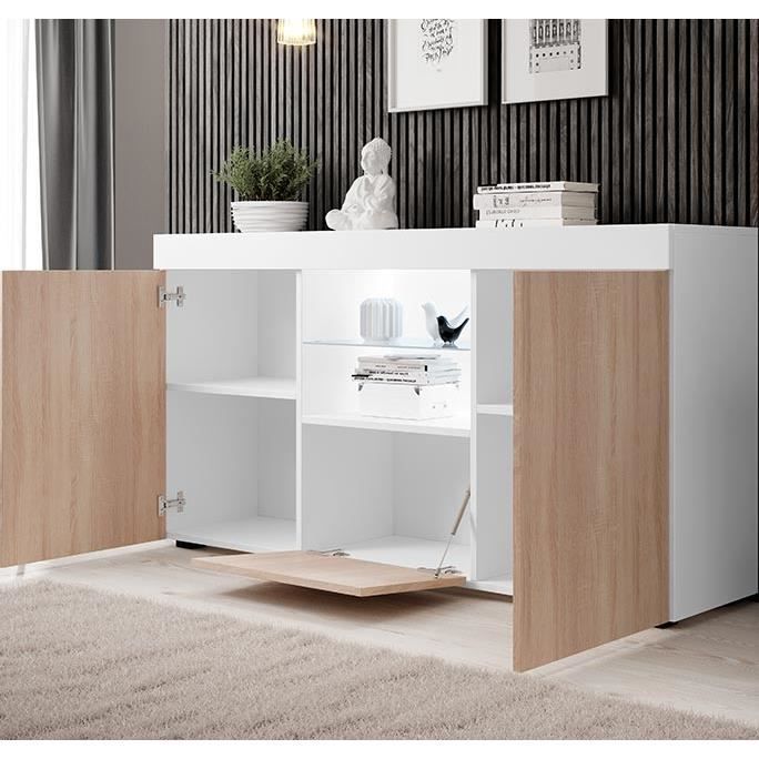Buffet Bahut 3 portes avec LED | 150 x 83 x 40 cm | Couleur Sonoma et Blanc mate | Meuble de rangement | Modèle NATOLIA