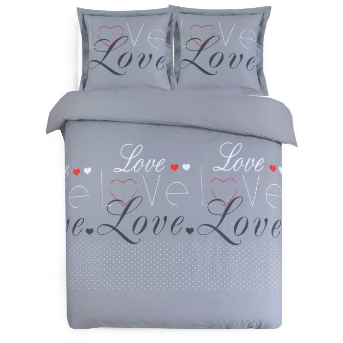 Conjunto de capa de edredom VISION Love - 100% algodão - 1 capa de edredom 240 x 260 cm + 2 fronhas 65 x 65 cm - Cinza