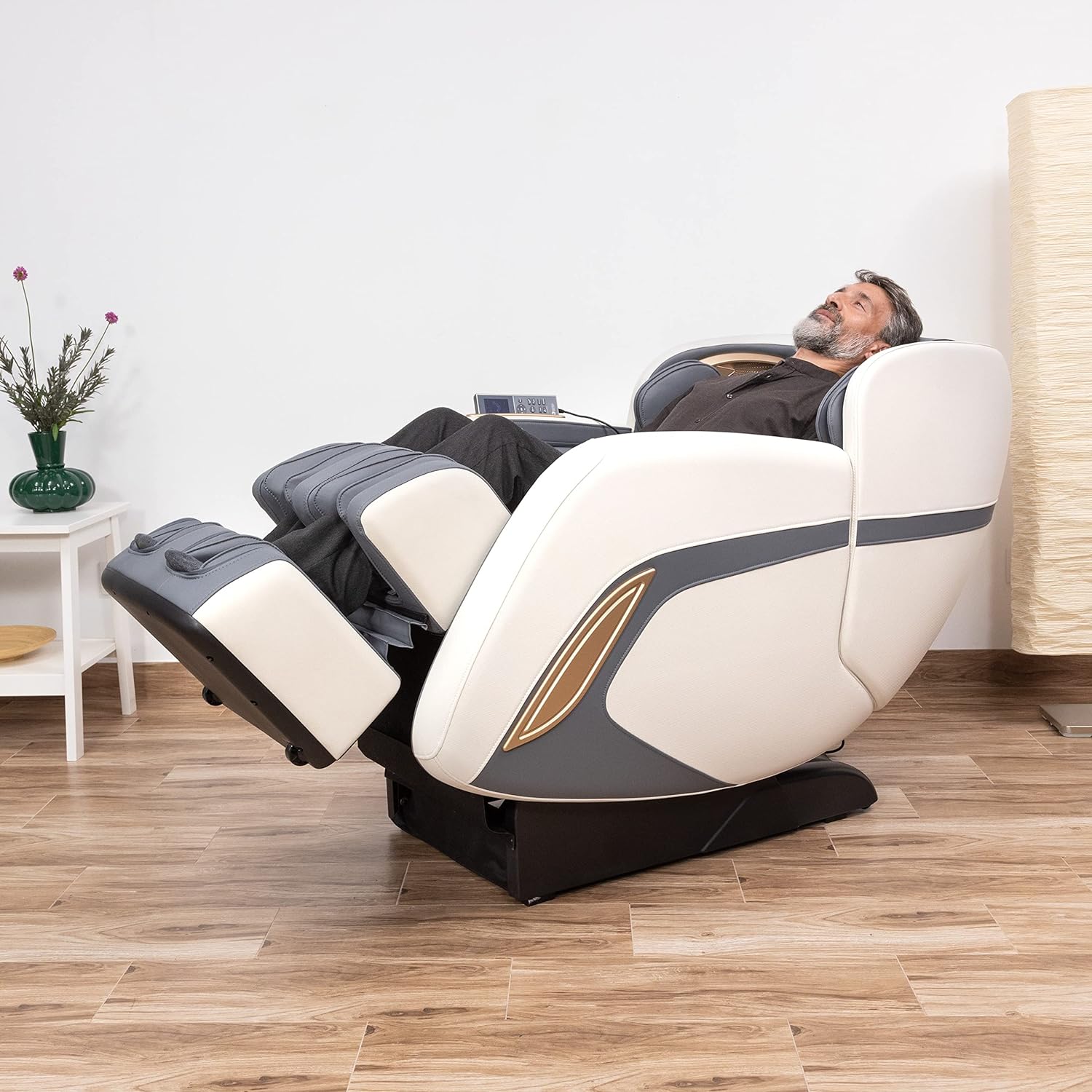 GLOBAL RELAX | KENSHO® Plus | Blauwgrijze massagestoel | 7 programma's | Luchtdruktherapie, voetreflexologie, rugthermotherapie, zwaartekracht en Zero Space | 3D surround sound | Bluetooth