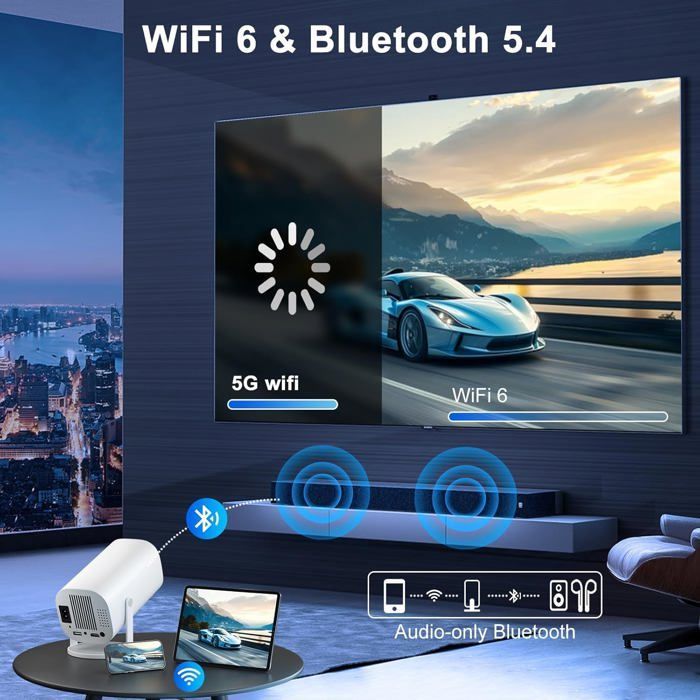 Mini Vidéoprojecteur 4K Full Hd 1080P, Projecteur Video Avec Wifi 6 Et Bluetooth 5.4, Retroprojecteur Avec Correction Trapéz[XV11]