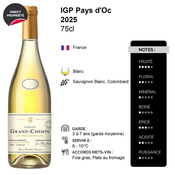 Domaine Grand-Chemin Pays d'Oc Les Trois Seigneurs Moelleux 2025 - Witte wijn uit de Languedoc-Roussillon (6x75cl)