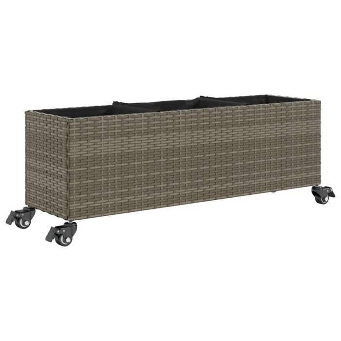 vidaXL Plantenbak met wielen/3 potten Grijs 107x32x38 cm Geweven hars, buitenplantenbak, bloembak, tomatenbak, 366421