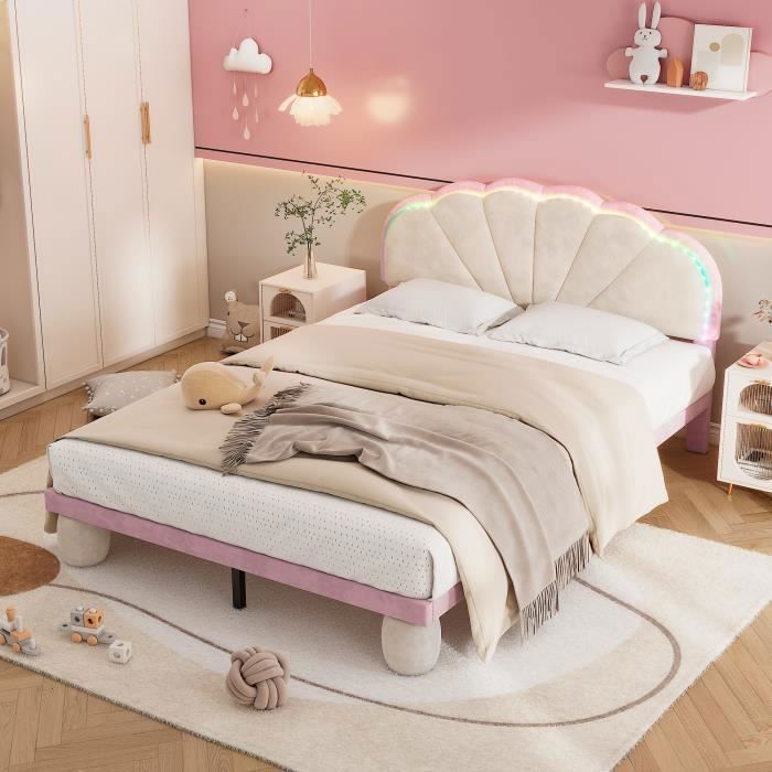 Doppelbett – LEYTN – 140 x 200 cm – Rosa Samt – Beleuchtetes Kopfteil – 2-Sitzer