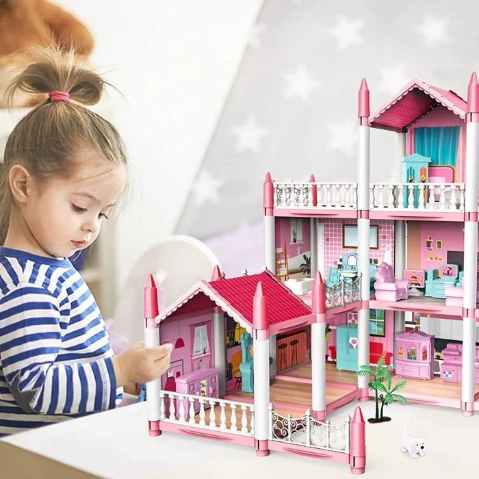 Dollhouse - 4 Floors, 11 Rooms, Pink Building Set, Dollhouse Accessories and Furniture, Gift for