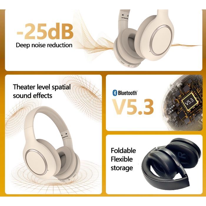 Casque Bluetooth monté sur la tête, adapté au bureau et aux loisirs, réduction du bruit, longue durée de vie de la batterie, gris