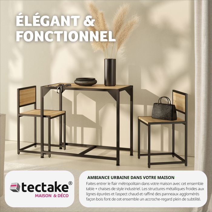 Mesa de comedor con sillas - TECTAKE - MILTON, conjunto de comedor de 2 plazas estilo industrial vintage - Madera clara