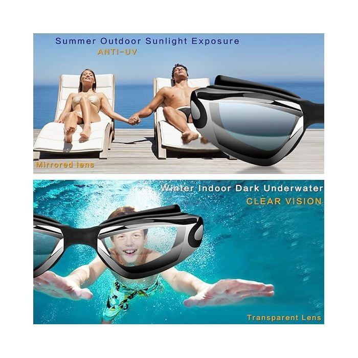 ®RisingFF Waterdichte zwembril met neusclip, oordopjes, badmuts en brillenkoker, zwart en zilver.