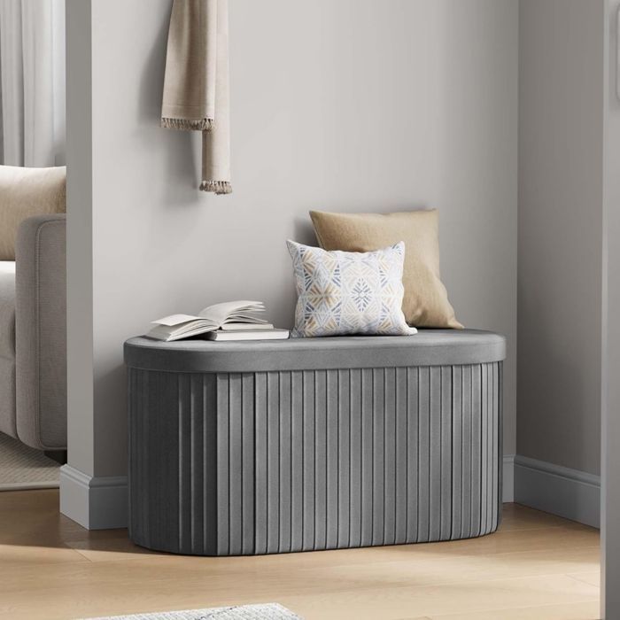 Otomana con almacenamiento - Otomana ovalada plegable WOLTU - Terciopelo - 76x38x38cm - Gris oscuro