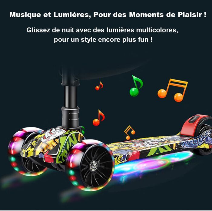 Patinete infantil con luces y música, asiento extraíble y plegable, ruedas anchas, altura regulable, capacidad máxima de 100 kg.