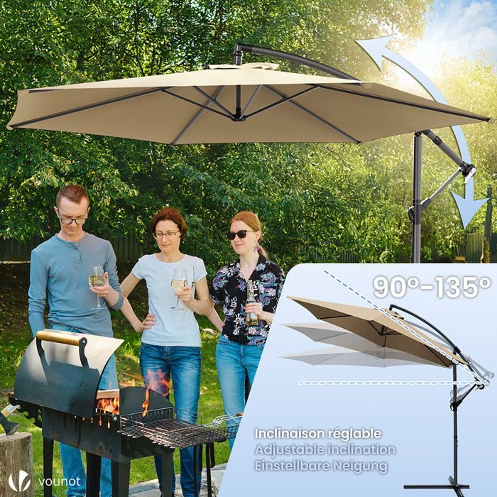 VOUNOT® Parasol déporté inclinable 3M Kaki - Rotatif 360° - Inclinaison réglable - Manivelle anti-retour - Housse de protection