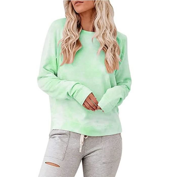 Sweat shirt femme - LEOCLOTHO - Manches longues - Col rond - Coton - Épissage - T-shirt - Vert