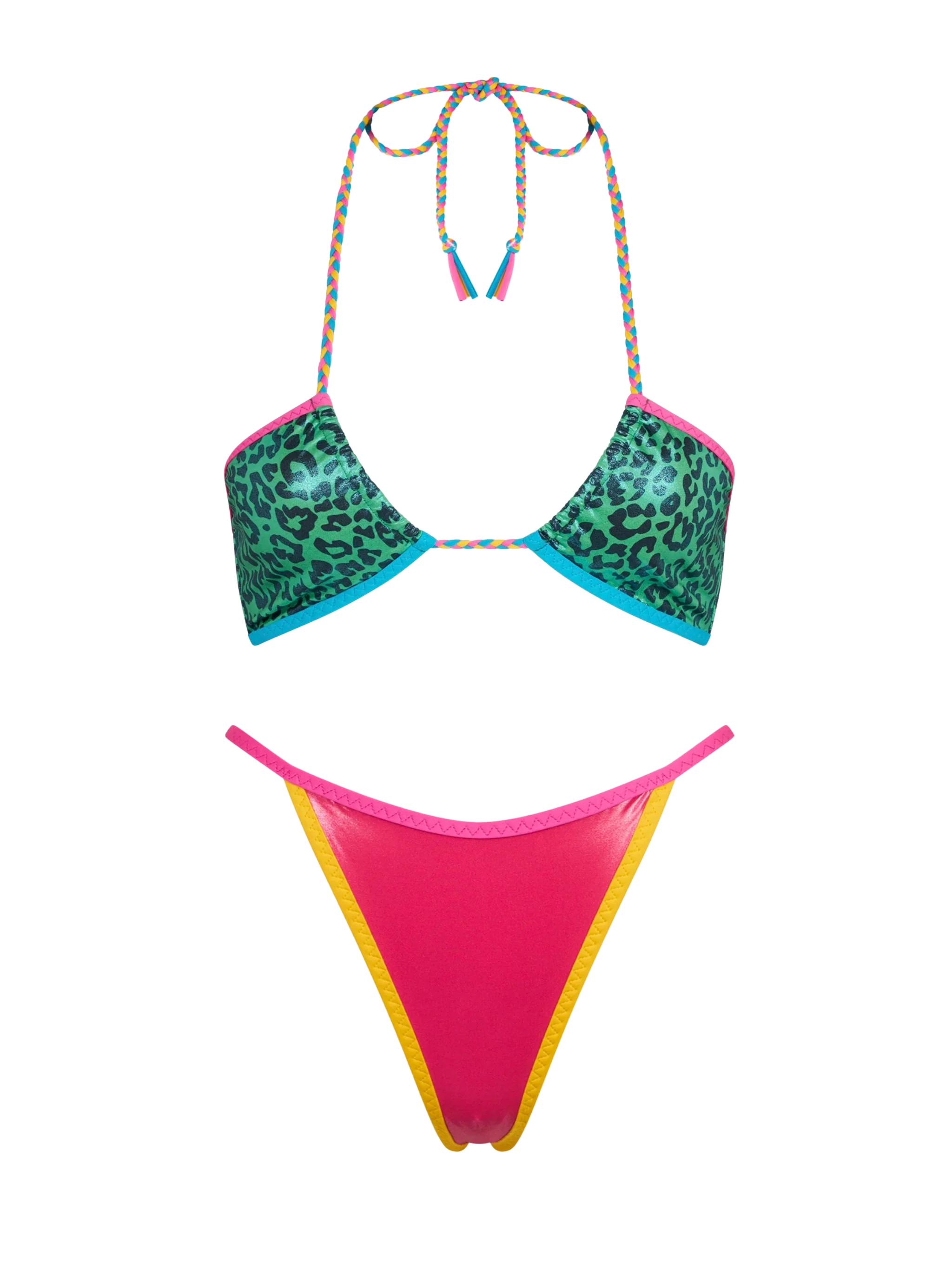 Groene bandeau bikini met luipaardprint en bies.