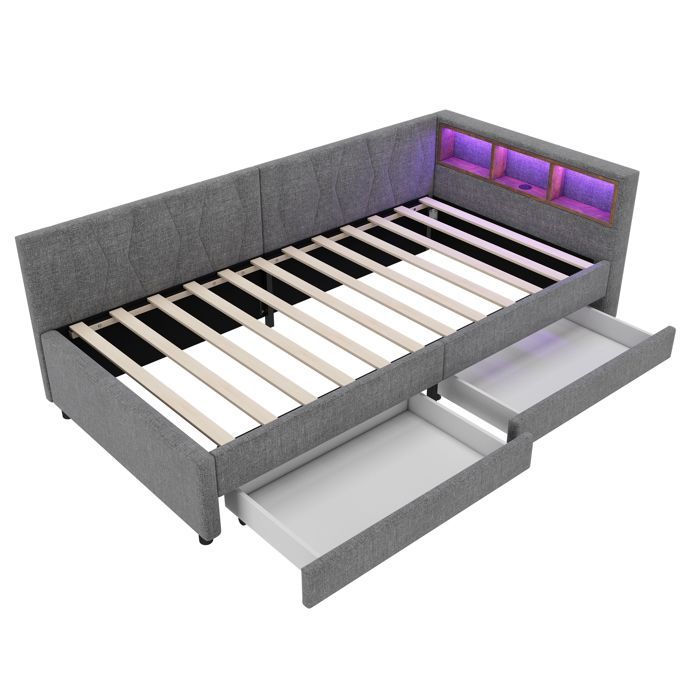 Banquette Lit Lin Gris 90x200 cm avec LED Télécommande, Prises USB Type-C, 2 Tiroirs et Rangement Tête de Lit, Canapé Convertible