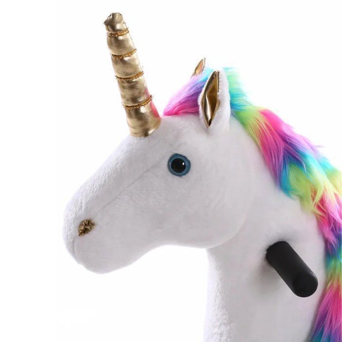 VROOOMY Unicorno cavalcabile con ruote - Piccolo - Arcobaleno - Età 3-6 anni - Movimento meccanico al galoppo - Altezza 54 cm - 45 kg