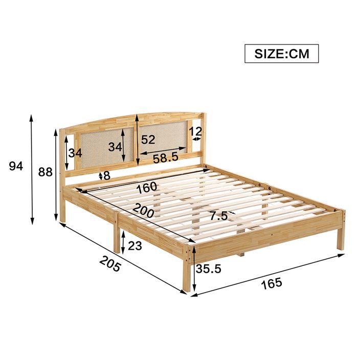 Lit adulte 160x200cm Lit double - avec lattes et pieds centraux - SWEIKO - pin + rotin PE Naturel