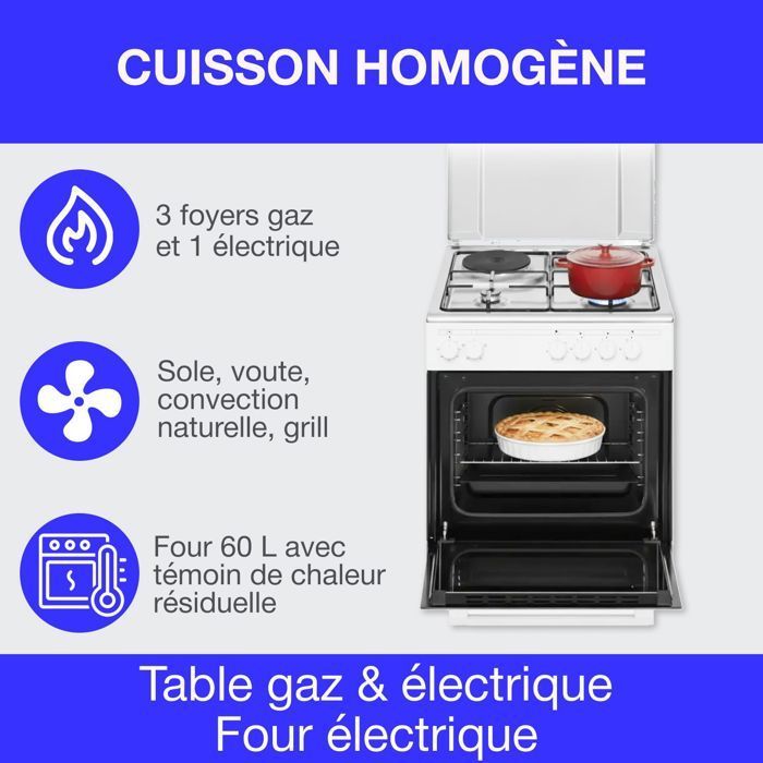 Cucina mista CONTINENTAL EDISON CECM60FCW - 3 bruciatori a gas + 1 bruciatore elettrico - L59,8 x P61 x H83 cm - Bianca