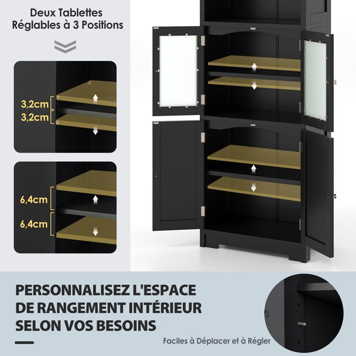 COSTWAY Colonne Salle de Bain avec 4 Portes 2 Compartiments Ouverts, Armoire Salle de Bain, Étagères Réglables, 60x30x163 cm, Noir