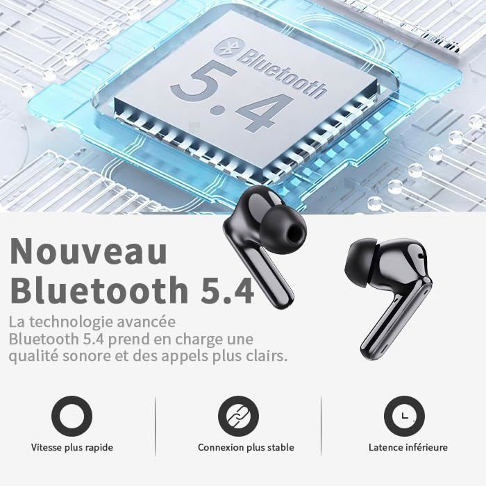 Fones de ouvido sem fio Bluetooth 5.4, estéreo HiFi com microfone com redução de ruído, 40 horas de duração da bateria, visor de LED, à prova d'água IP7 - Preto