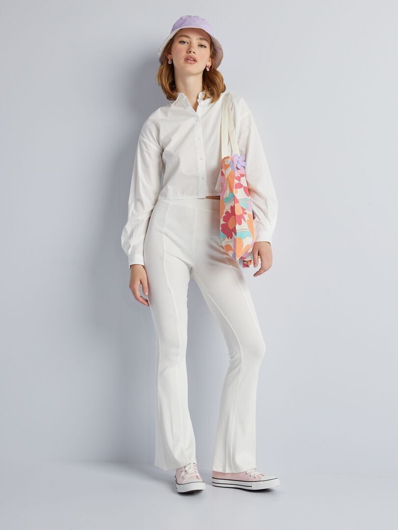 Geribbelde gebreide flared broek - WIT