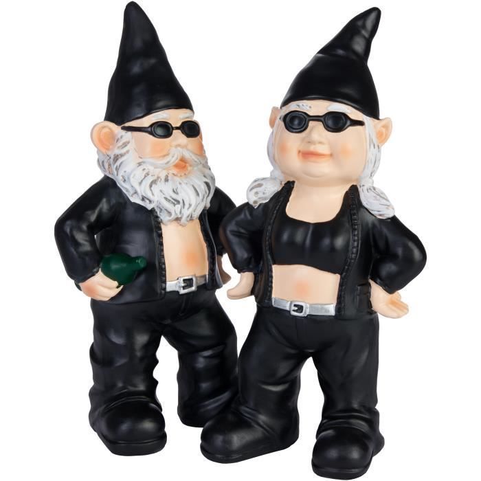 BRUBAKER Set de Nains de Jardin Biker Homme et Femme Noir - Nains Rocker avec Lunettes de Soleil - 23 cm Figure de Jardin