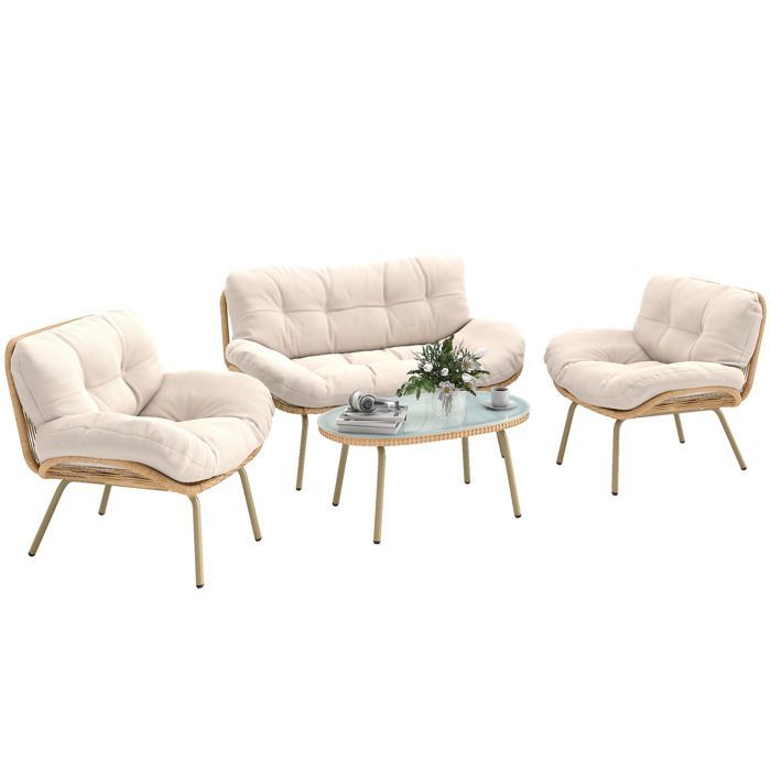 Conjunto de muebles de jardín de resina y mimbre - Outsunny - Cojines de 12 cm de grosor, sofá de 138 cm, 2 sillones y mesa - Beige