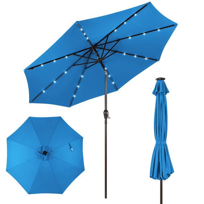 Parasol de Jardin Déporté Inclinable COSTWAY - 24 Lumières LED - Dia.3x2,5M - Structure en Métal Robuste - Anti-UV - Bleu