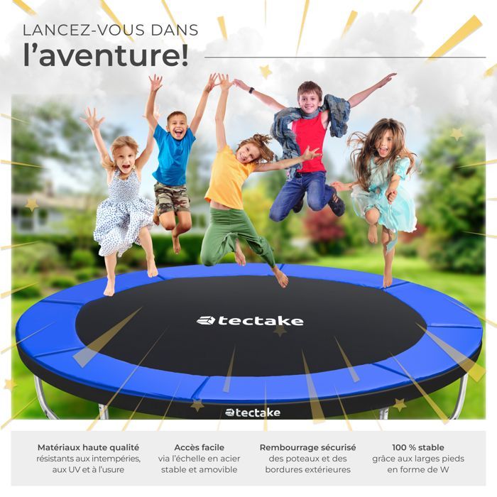 Cama elástica - TECTAKE - JUMPY, cama elástica de acero con red de seguridad, 366 cm de diámetro - Negro/azul