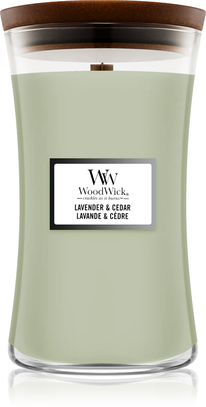 Vela perfumada Woodwick com lavanda e cedro e pavio de madeira