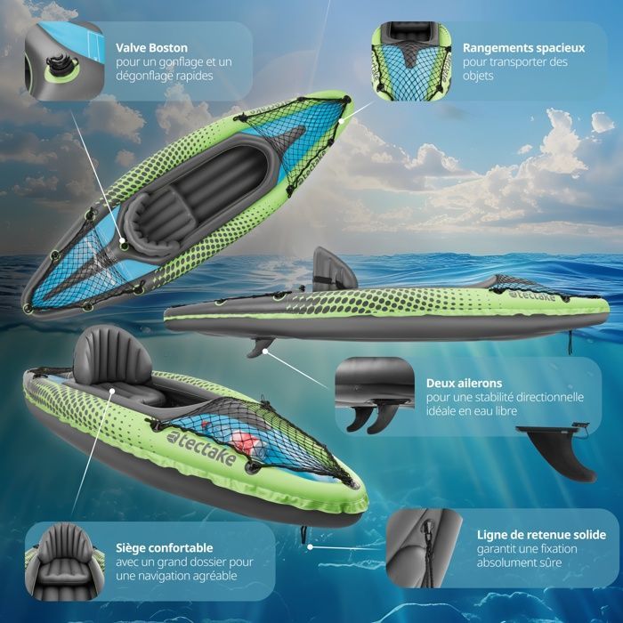 KAYAK - TECTAKE - LIBERTY kayak hinchable, kit completo con bolsa de transporte resistente y ligera - Verde