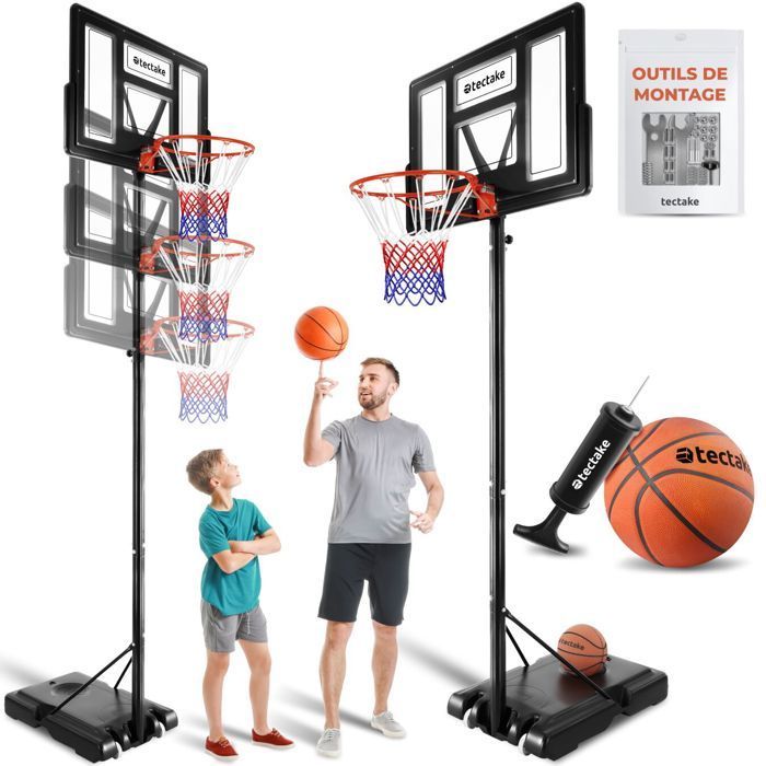 Aro de baloncesto - TECTAKE - Aro DIRK con balón, bomba y 2 redes con ruedas - 230 a 305 cm de altura