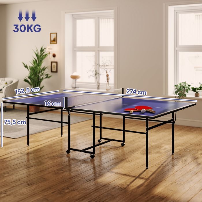 Table tennis table - SPORTNOW - compact folding ping-pong table with 4 wheels for indoor use - wood - 274x152.5x75.5cm - blue