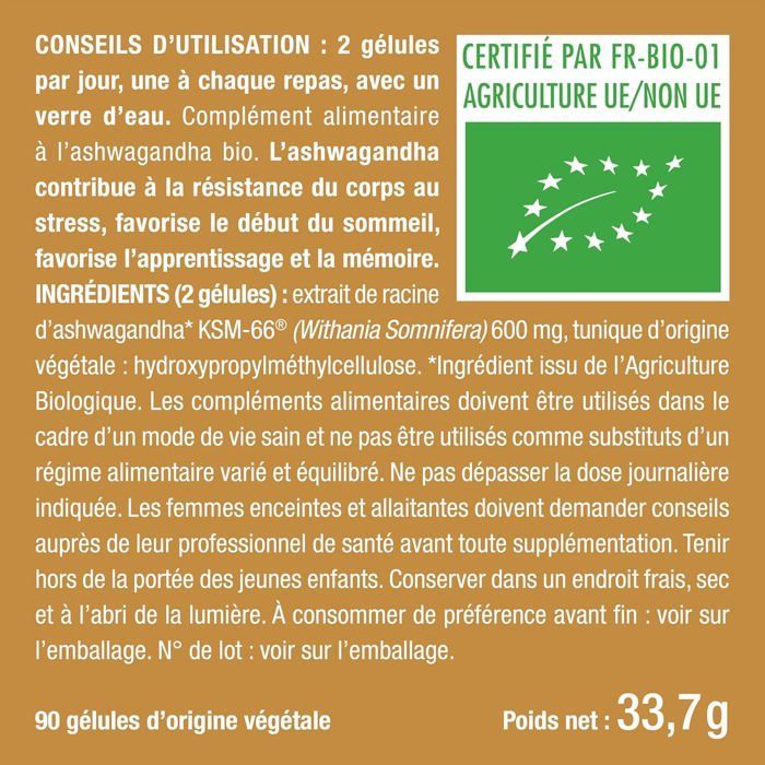 Orgaaninen ashwagandha KSM-66® 600 mg Adaptogeeni – Stressi ja mielen hyvinvointi – 90 vegaanista kapselia – Nutrimea – ranskalainen asiantuntemus