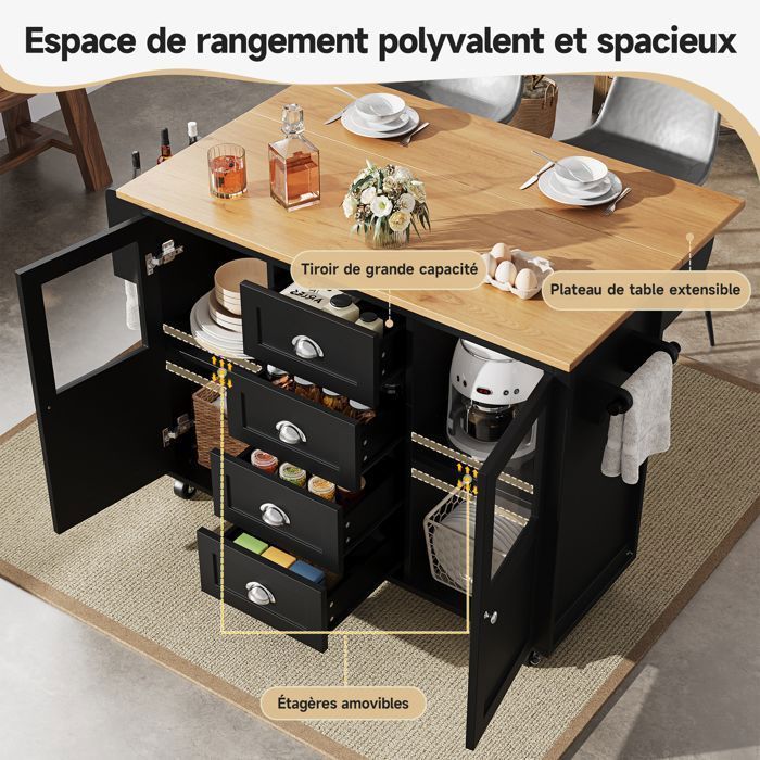 Carrito de cocina - Isla de cocina con ruedas giratorias de 360°, 4 cajones, estantes ajustables y gran capacidad de almacenamiento - Negro