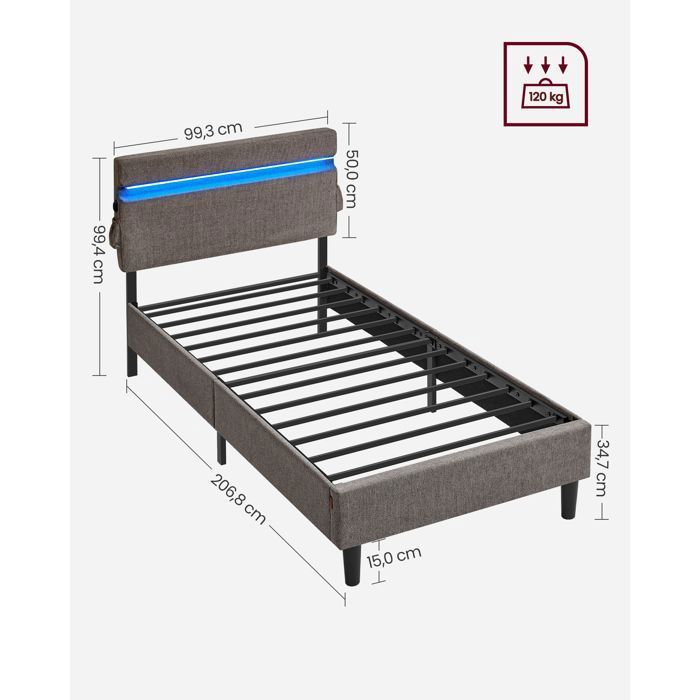 VASAGLE Lit Simple en Métal, 90 x 190 cm, Cadre de Lit, Tête de Lit Réglable, Éclairage LED, Prise Port USB et Type-C, Gris Foncé